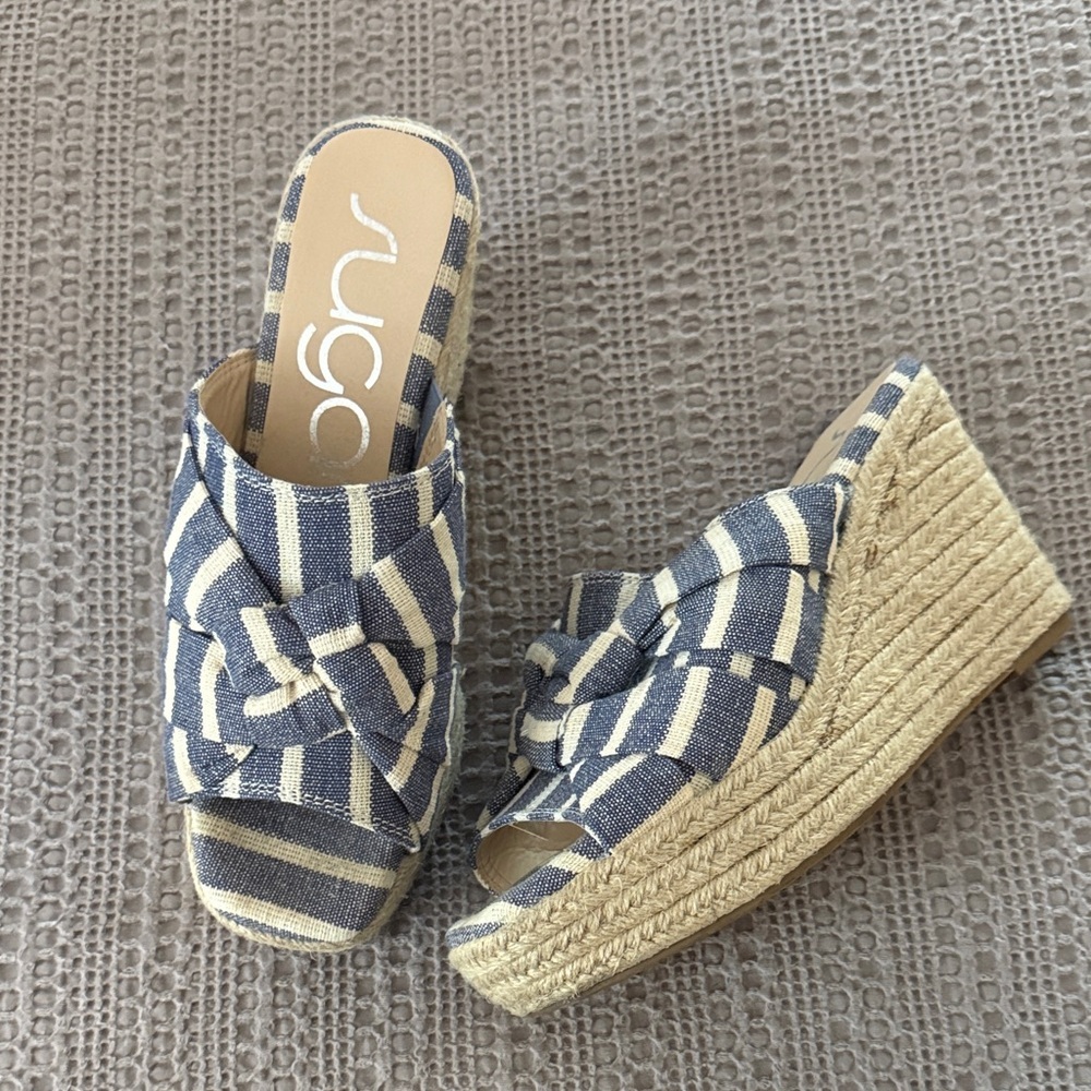 Sugar Harlem Navy and Beige Striped Wedges